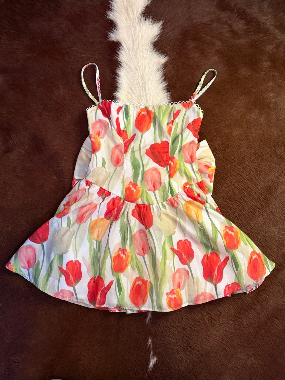 Angel Biba Tulip-Print Spaghetti Strap Mini Dress — Red, Pink, Yellow, Green